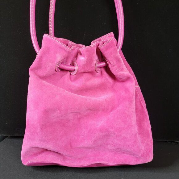 👜 Donald J Pliner Pink Faux Suede Drawstring Shoulder Bag - Picture 6 of 15